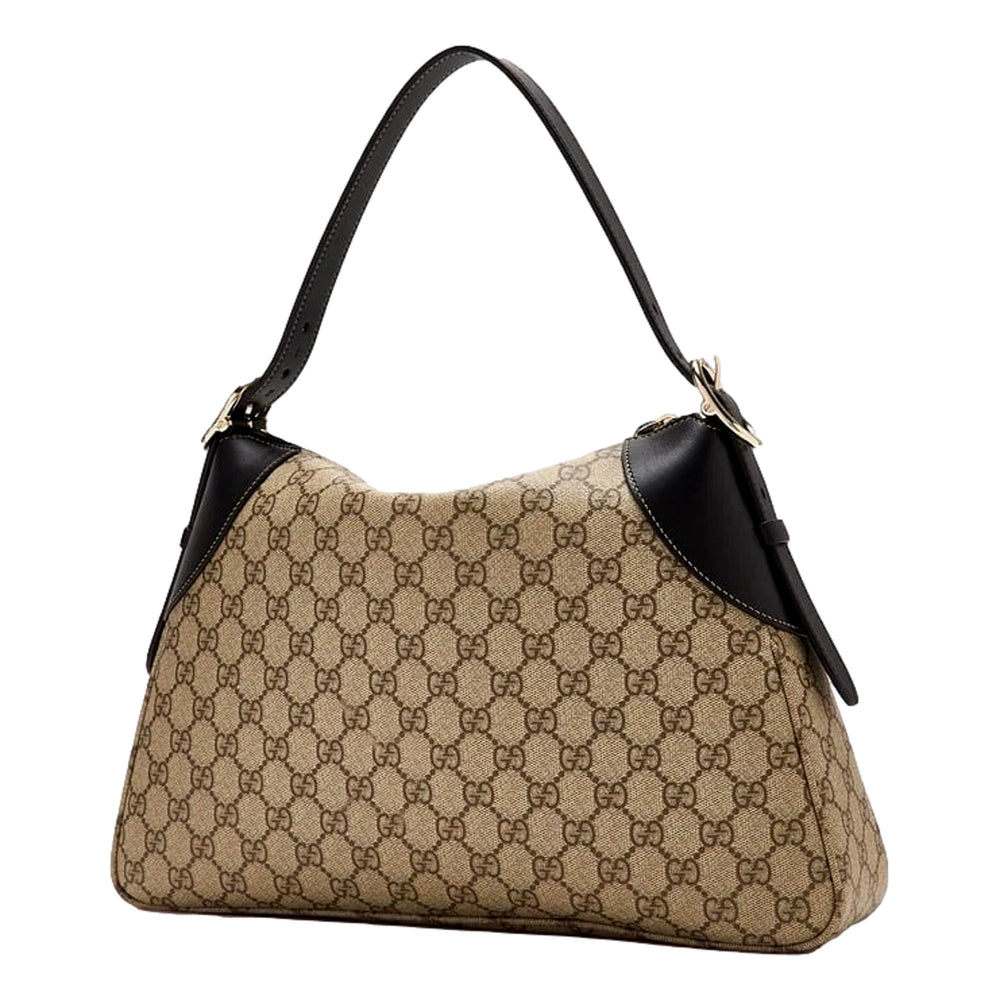Gucci GG Emblem Surpeme Canvas Medium Leather Shoulder Bag Black Beige