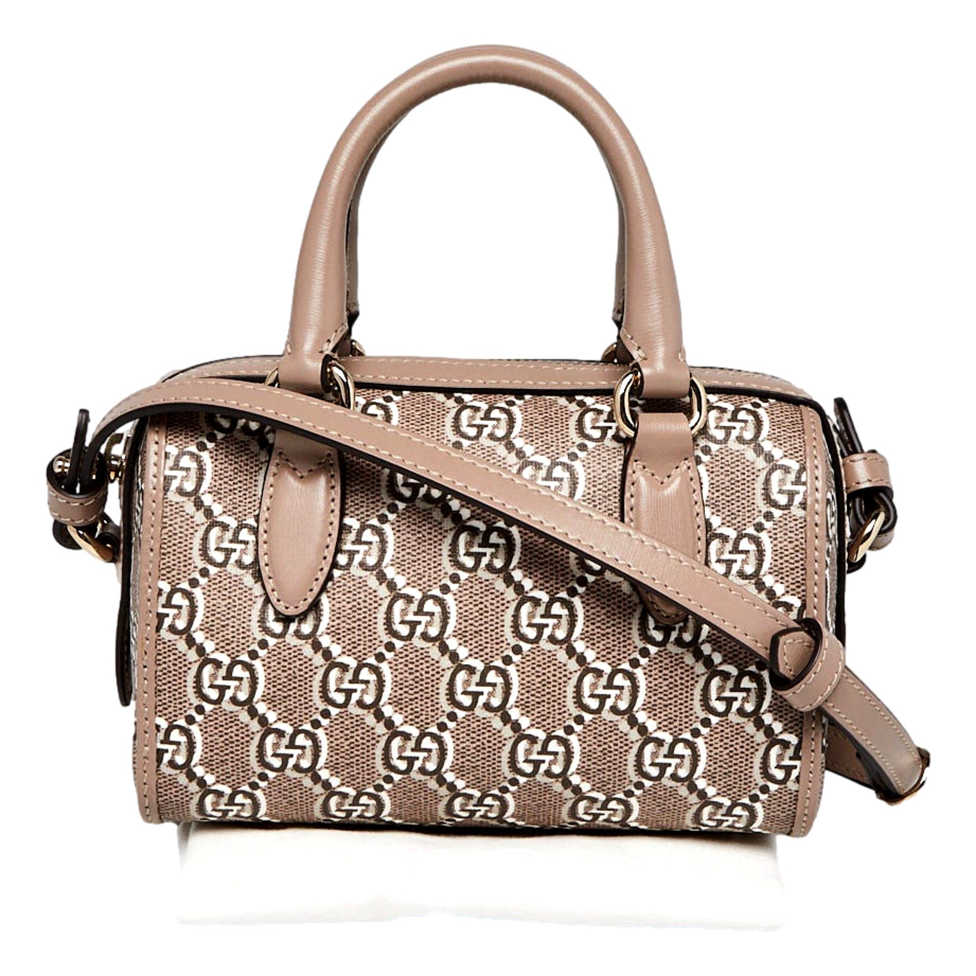 Gucci GG Shadow Monogram Canvas Leather Mini Bowler Bag Beige Black