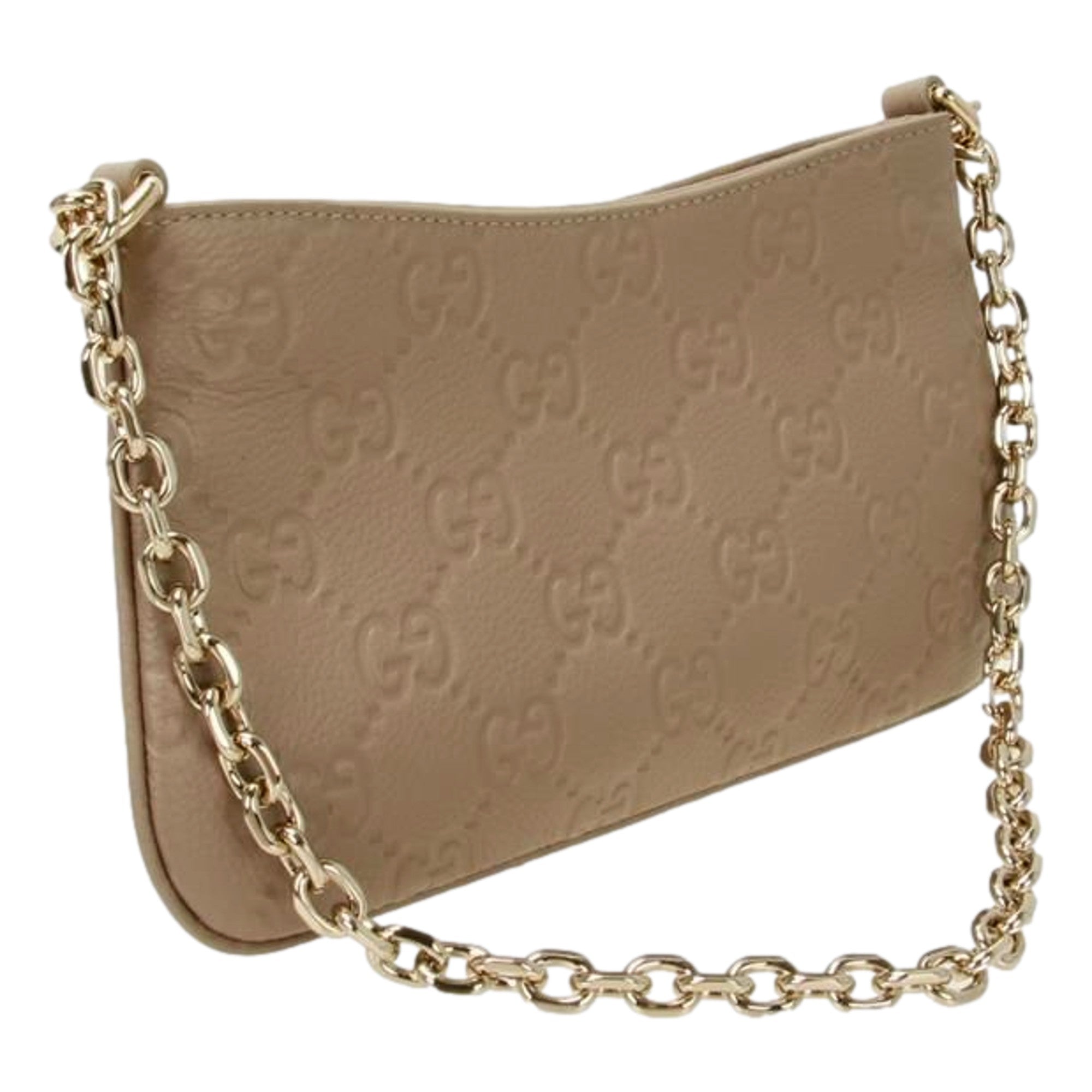 Gucci GG Logo Small Leather Shoulder Bag with Chain Strap in Beige