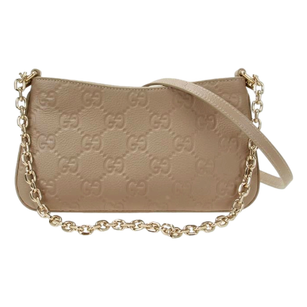 Gucci GG Logo Small Leather Shoulder Bag with Chain Strap in Beige