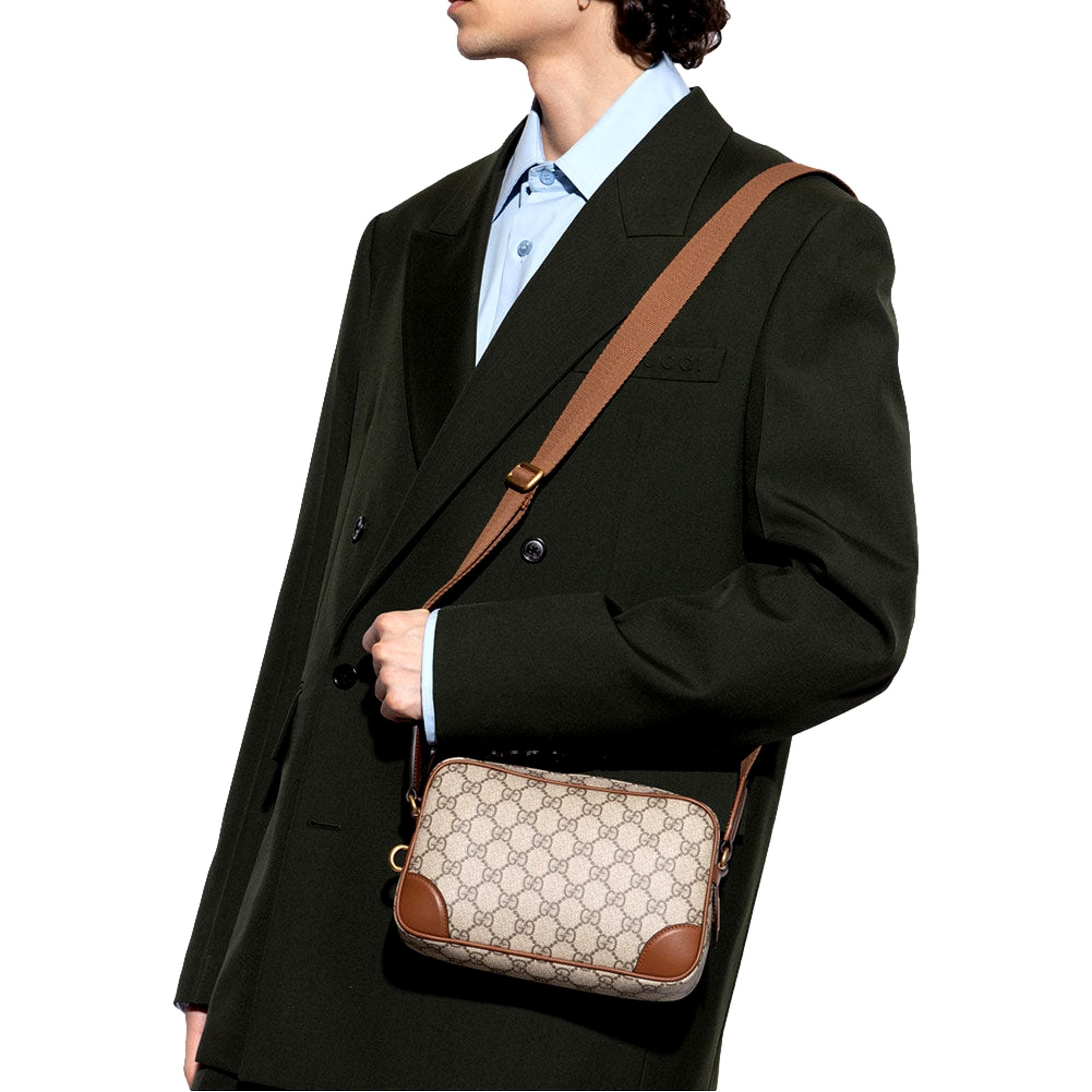 Gucci GG Supreme Canvas Brown Leather Camera Bag Crossbody