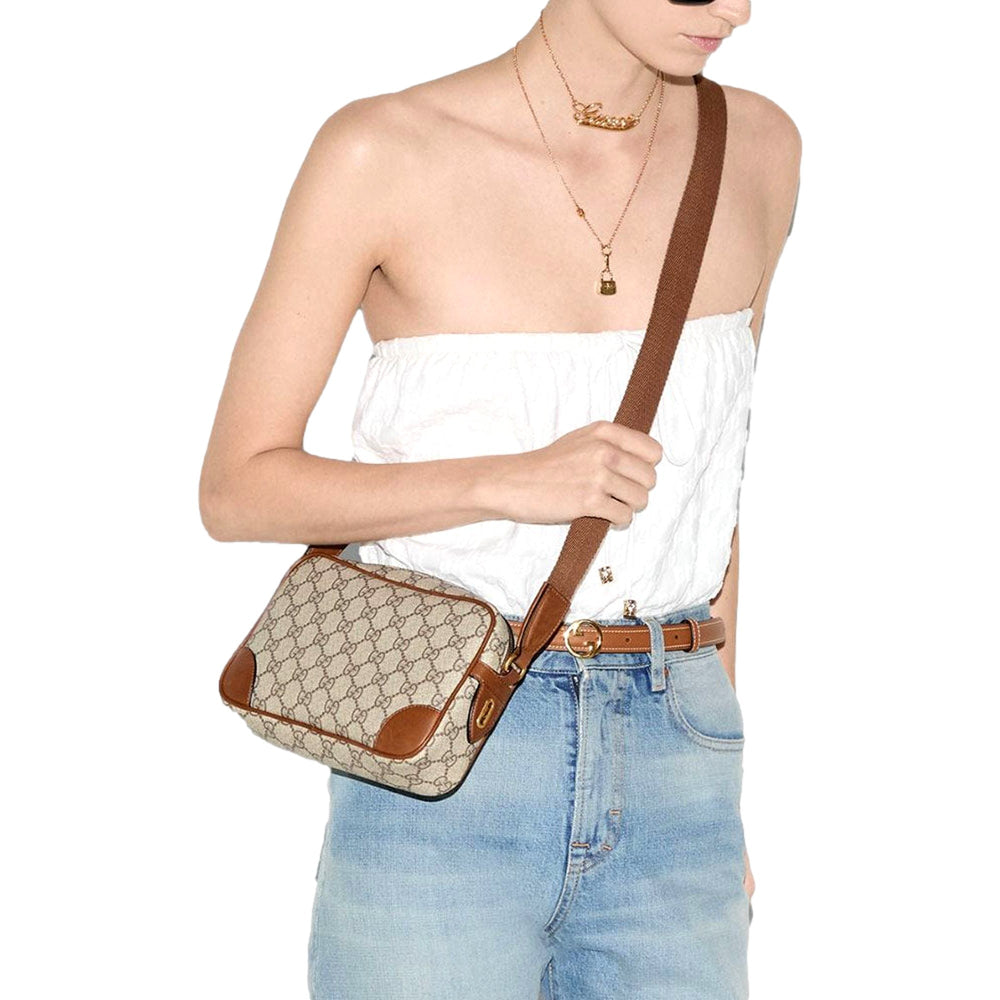 Gucci GG Supreme Canvas Brown Leather Camera Bag Crossbody