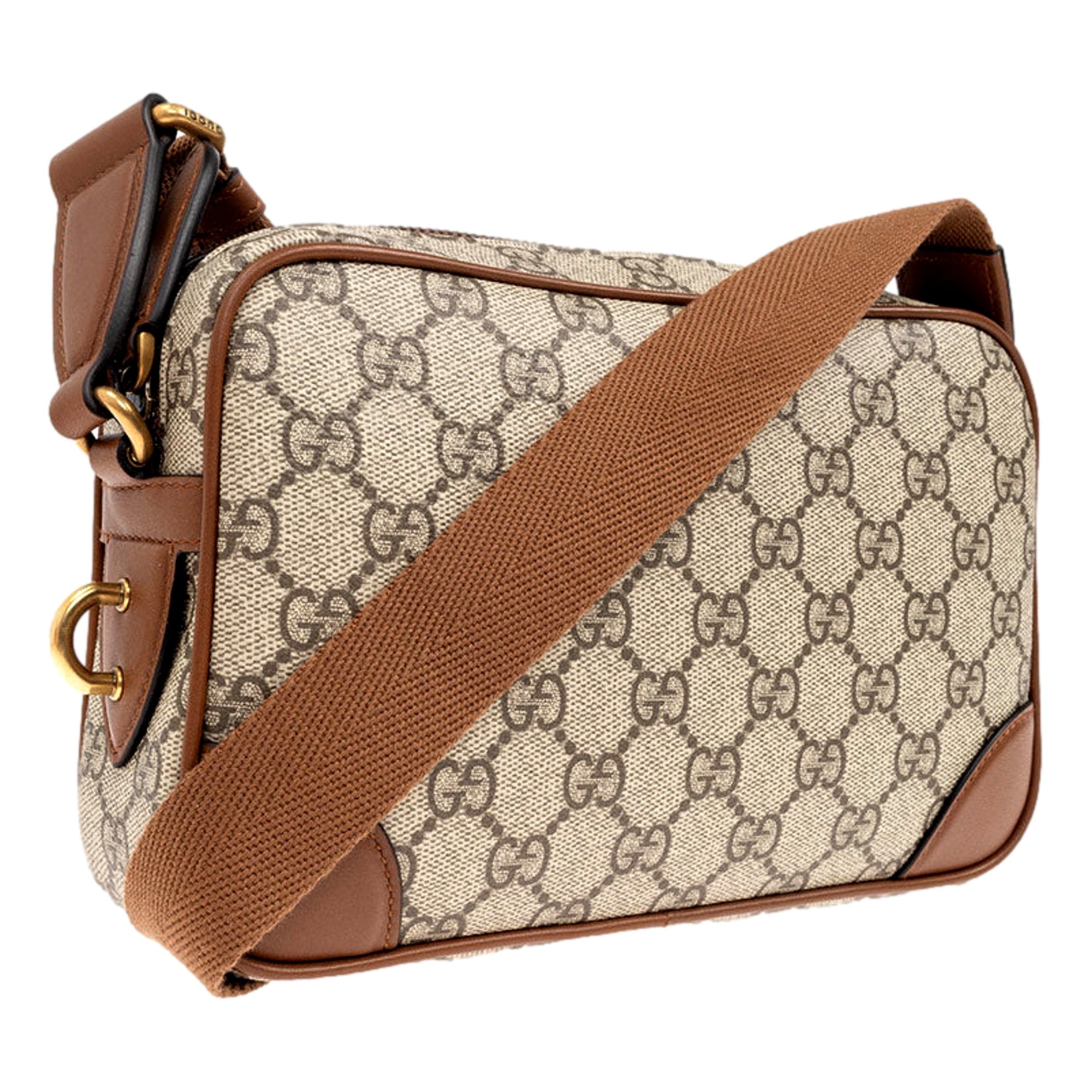 Gucci GG Supreme Canvas Brown Leather Camera Bag Crossbody