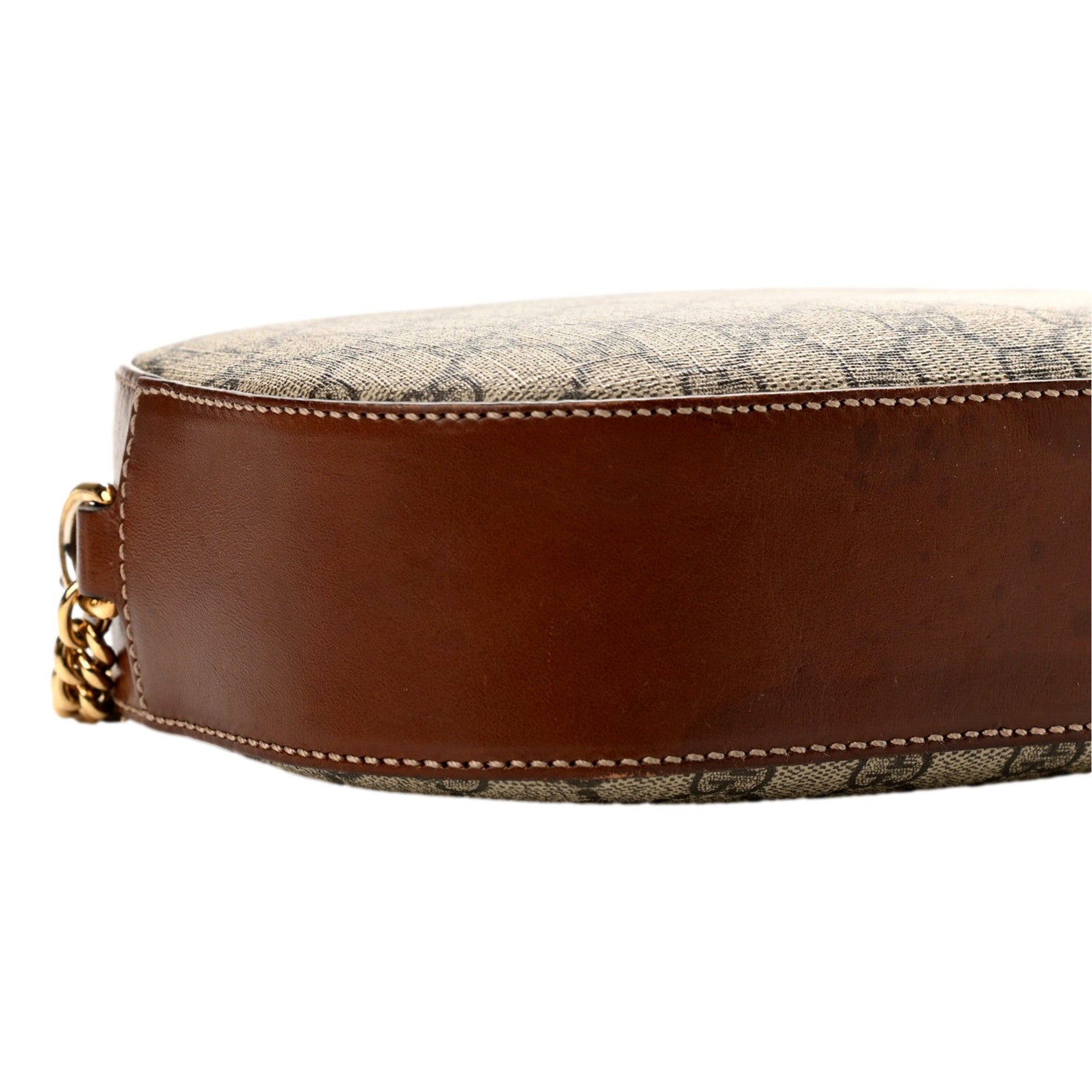Gucci GG Supreme Canvas Mini Oval Chain Crossbody Bag Brown Leather Trim
