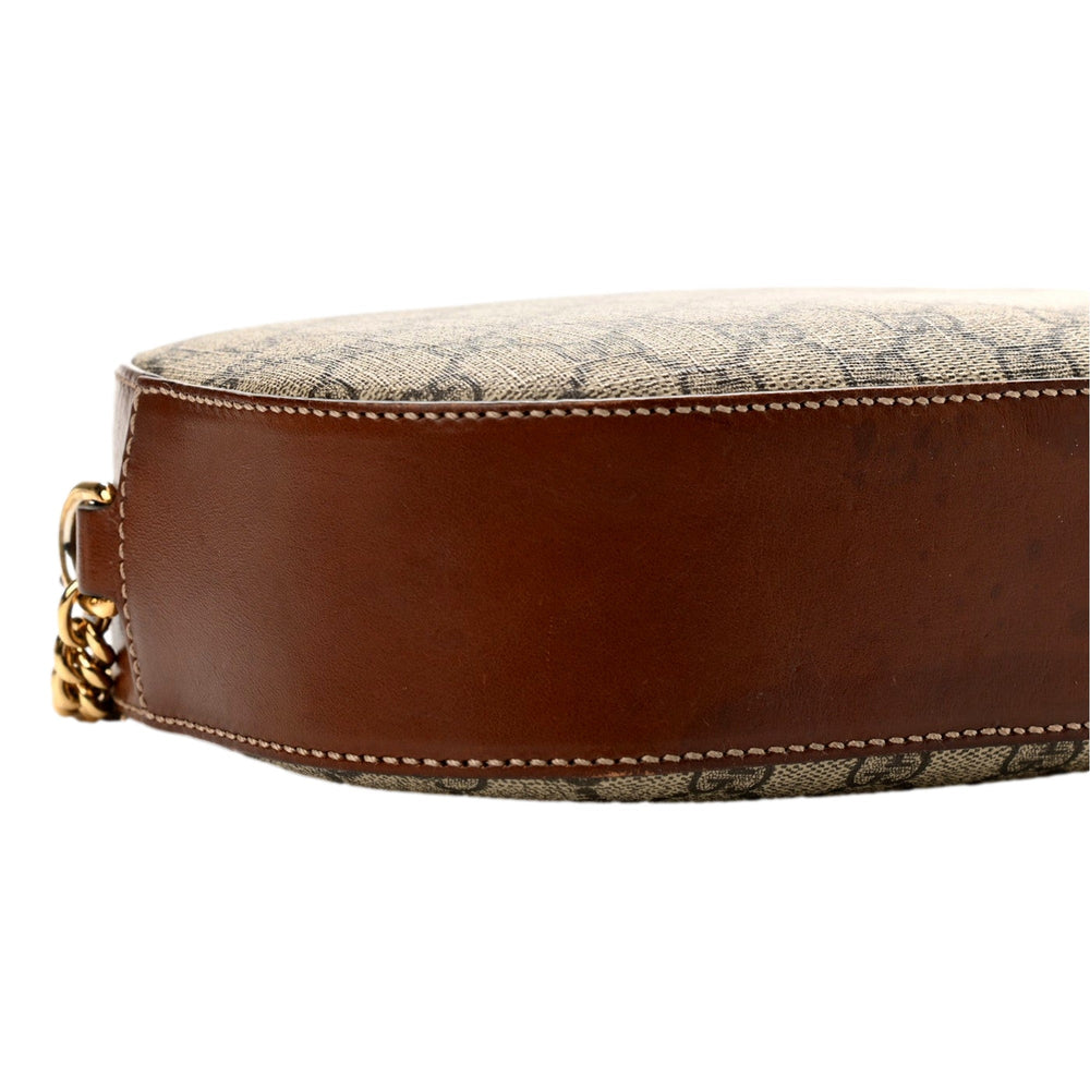 Gucci GG Supreme Canvas Mini Oval Chain Crossbody Bag Brown Leather Trim
