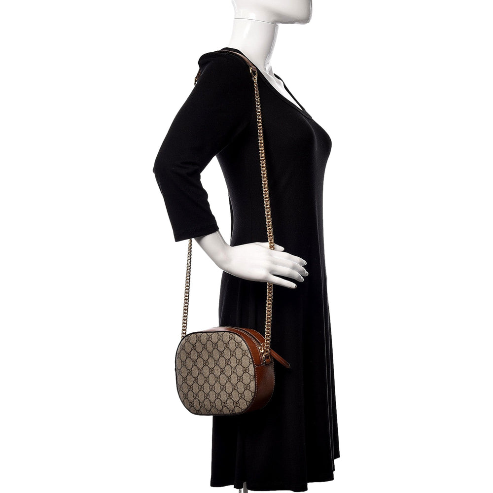 Gucci GG Supreme Canvas Mini Oval Chain Crossbody Bag Brown Leather Trim