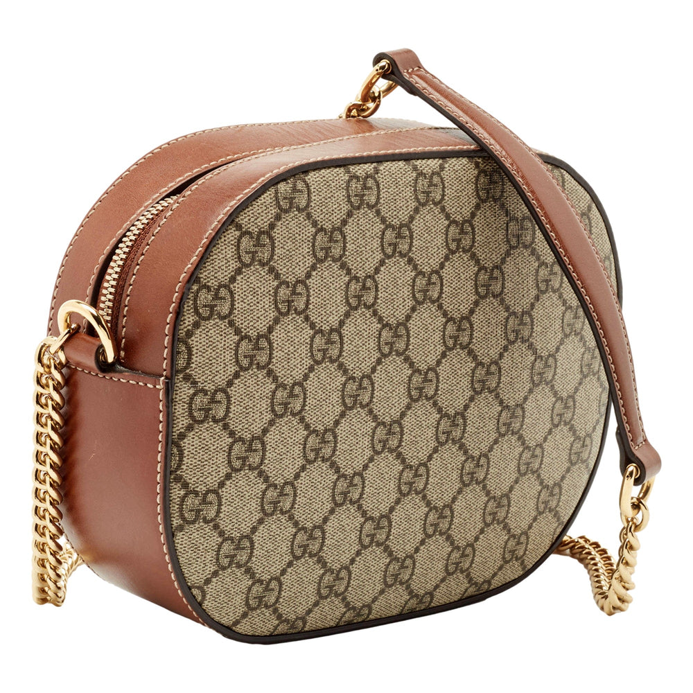 Gucci GG Supreme Canvas Mini Oval Chain Crossbody Bag Brown Leather Trim
