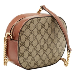 Gucci GG Supreme Canvas Mini Oval Chain Crossbody Bag Brown Leather Trim