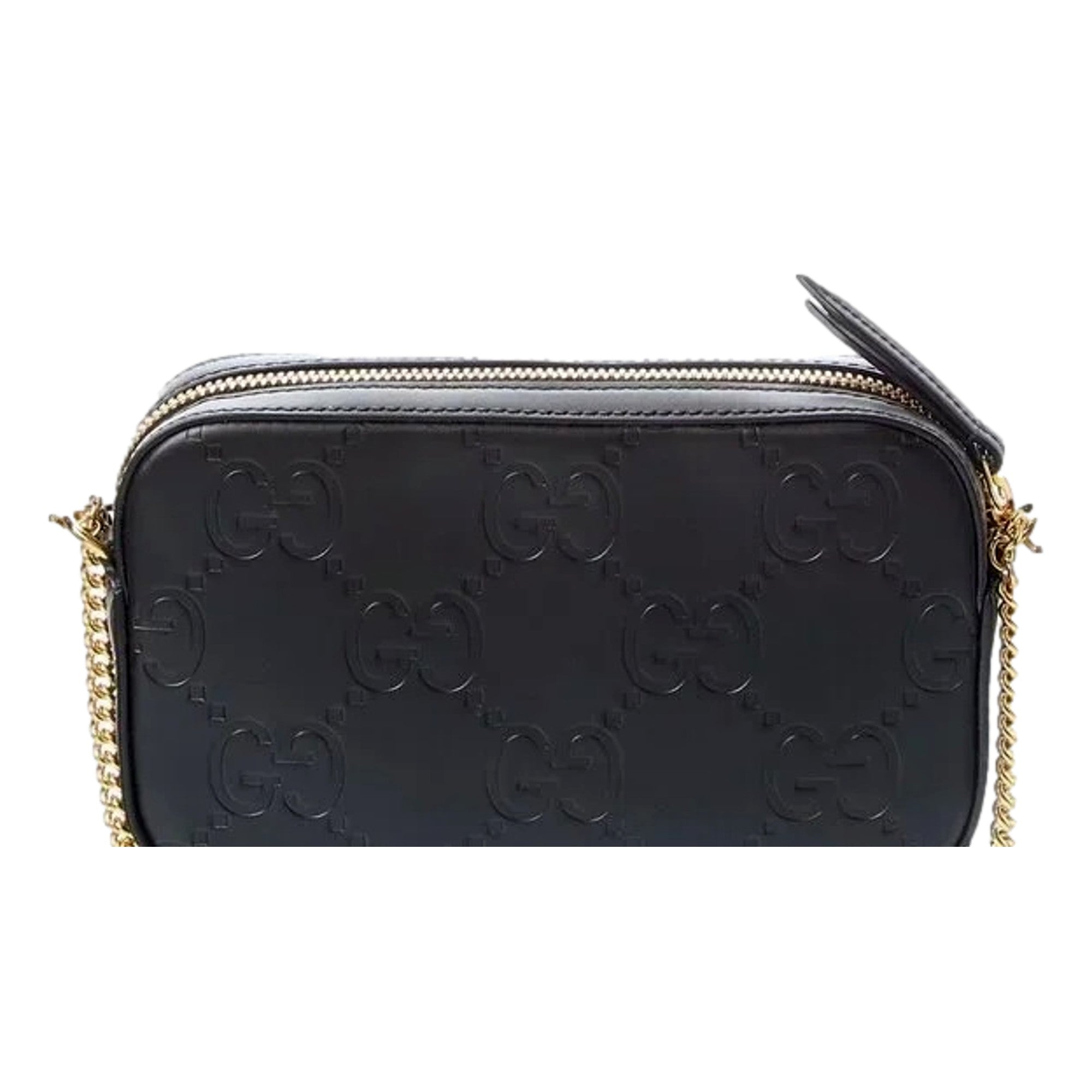 Gucci Gilbert Black Guccissima Leather Double Zip Camera Crossbody Bag Gold Chain