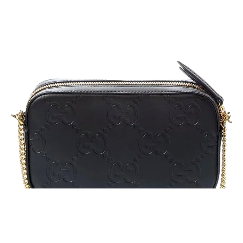 Gucci Gilbert Black Guccissima Leather Double Zip Camera Crossbody Bag Gold Chain
