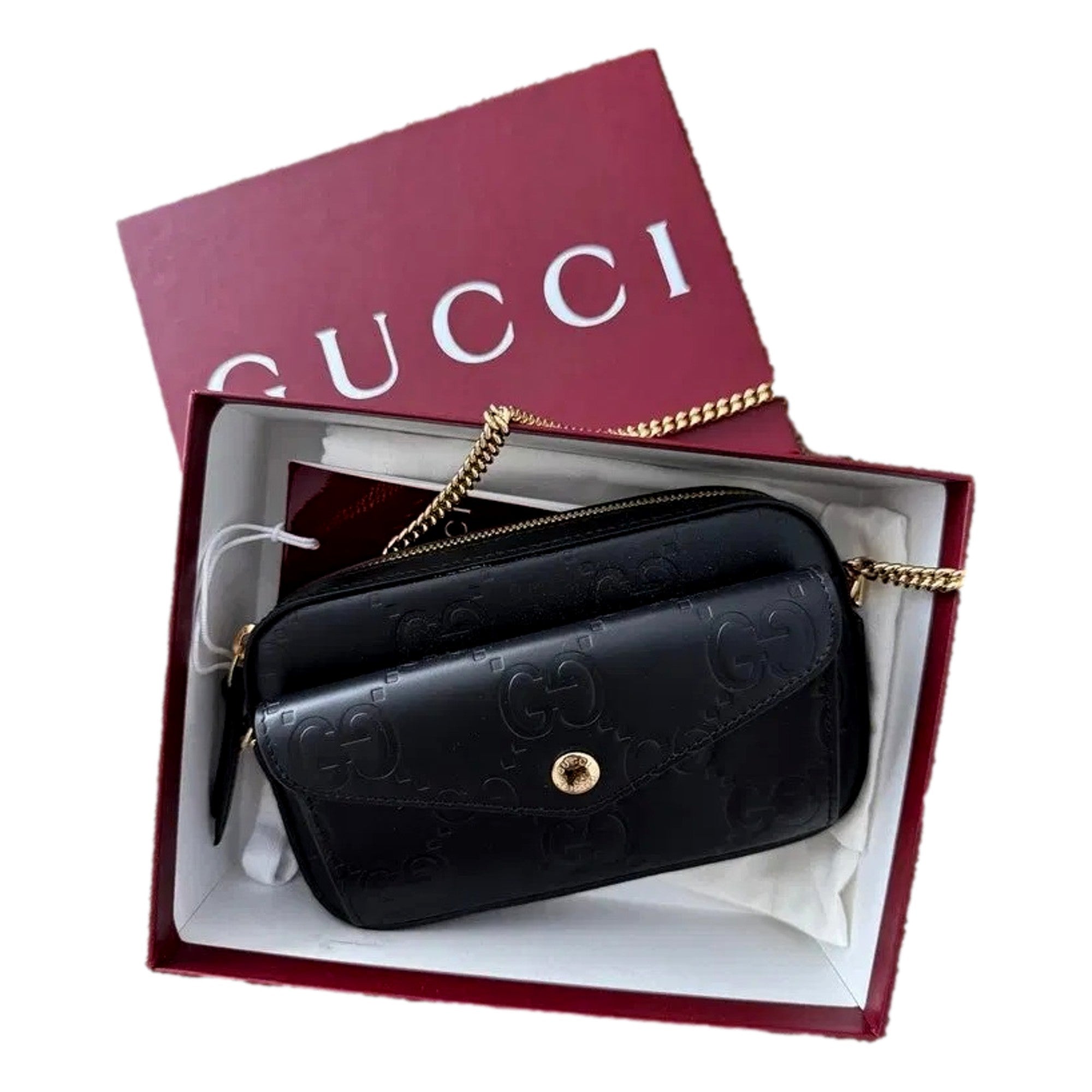 Gucci Gilbert Black Guccissima Leather Double Zip Camera Crossbody Bag Gold Chain
