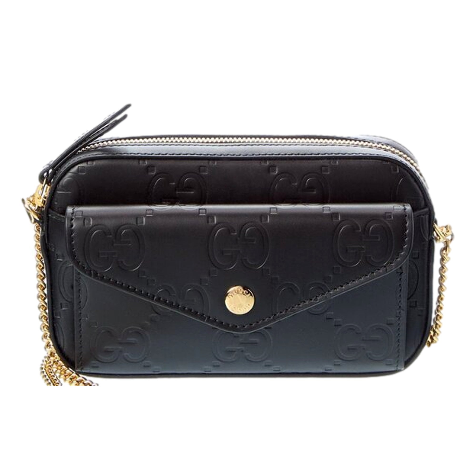 Gucci Gilbert Black Guccissima Leather Double Zip Camera Crossbody Bag Gold Chain