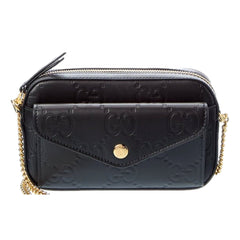 Gucci Gilbert Black Guccissima Leather Double Zip Camera Crossbody Bag Gold Chain