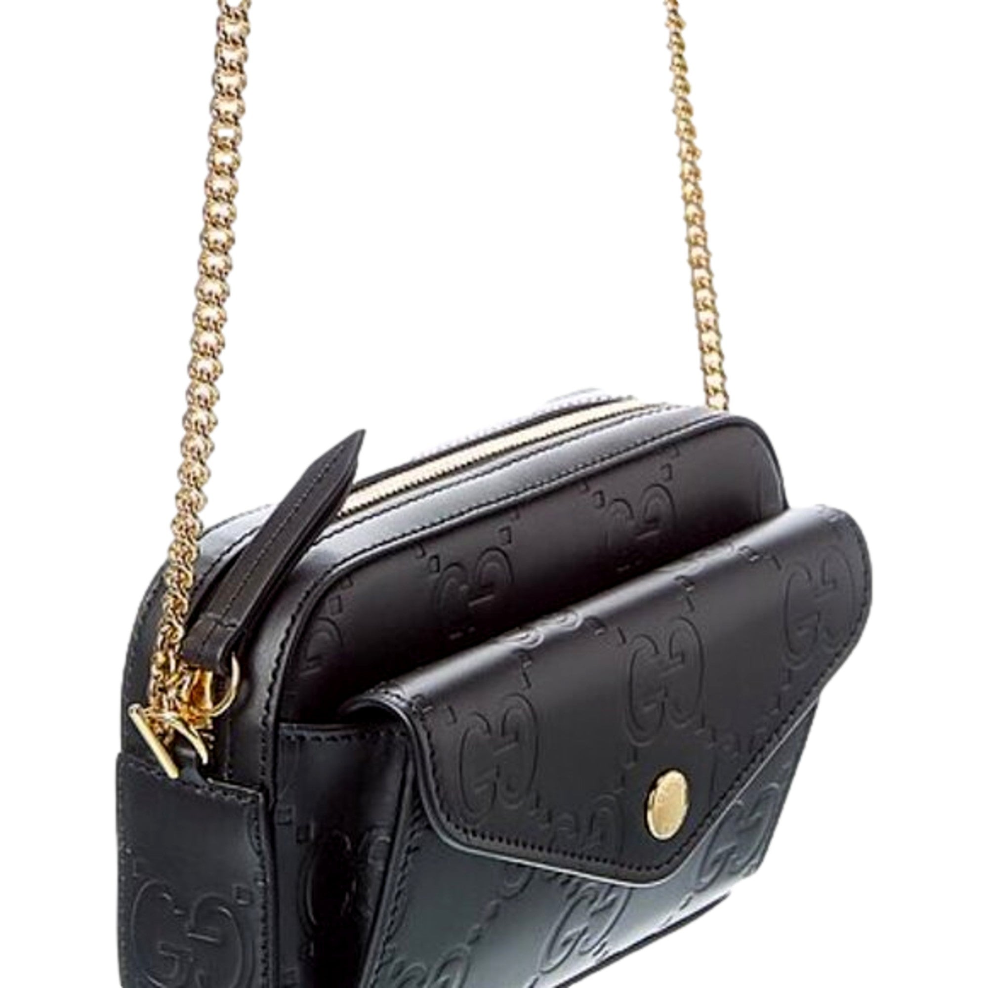 Gucci Gilbert Black Guccissima Leather Double Zip Camera Crossbody Bag Gold Chain