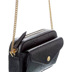 Gucci Gilbert Black Guccissima Leather Double Zip Camera Crossbody Bag Gold Chain