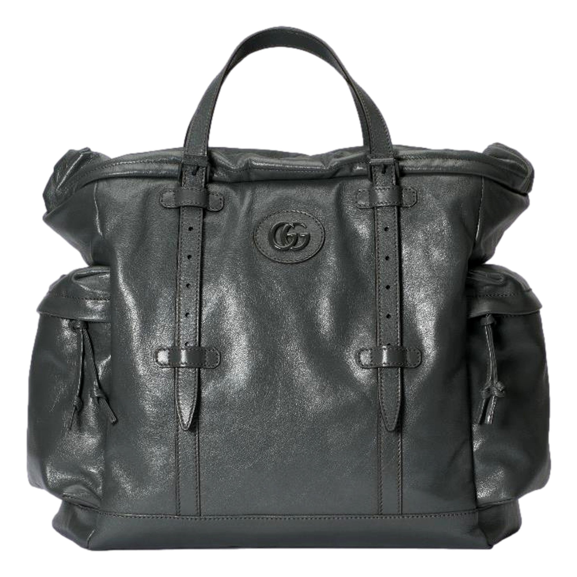 Gucci Drawstring Tote Bag Grey Leather Tonal Double G Logo