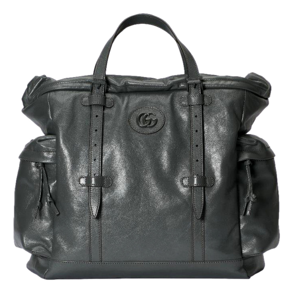 Gucci Drawstring Tote Bag Grey Leather Tonal Double G Logo