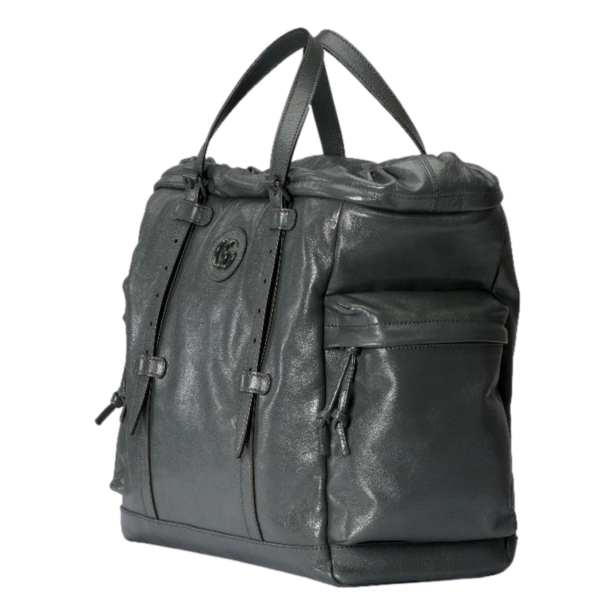 Gucci Drawstring Tote Bag Grey Leather Tonal Double G Logo