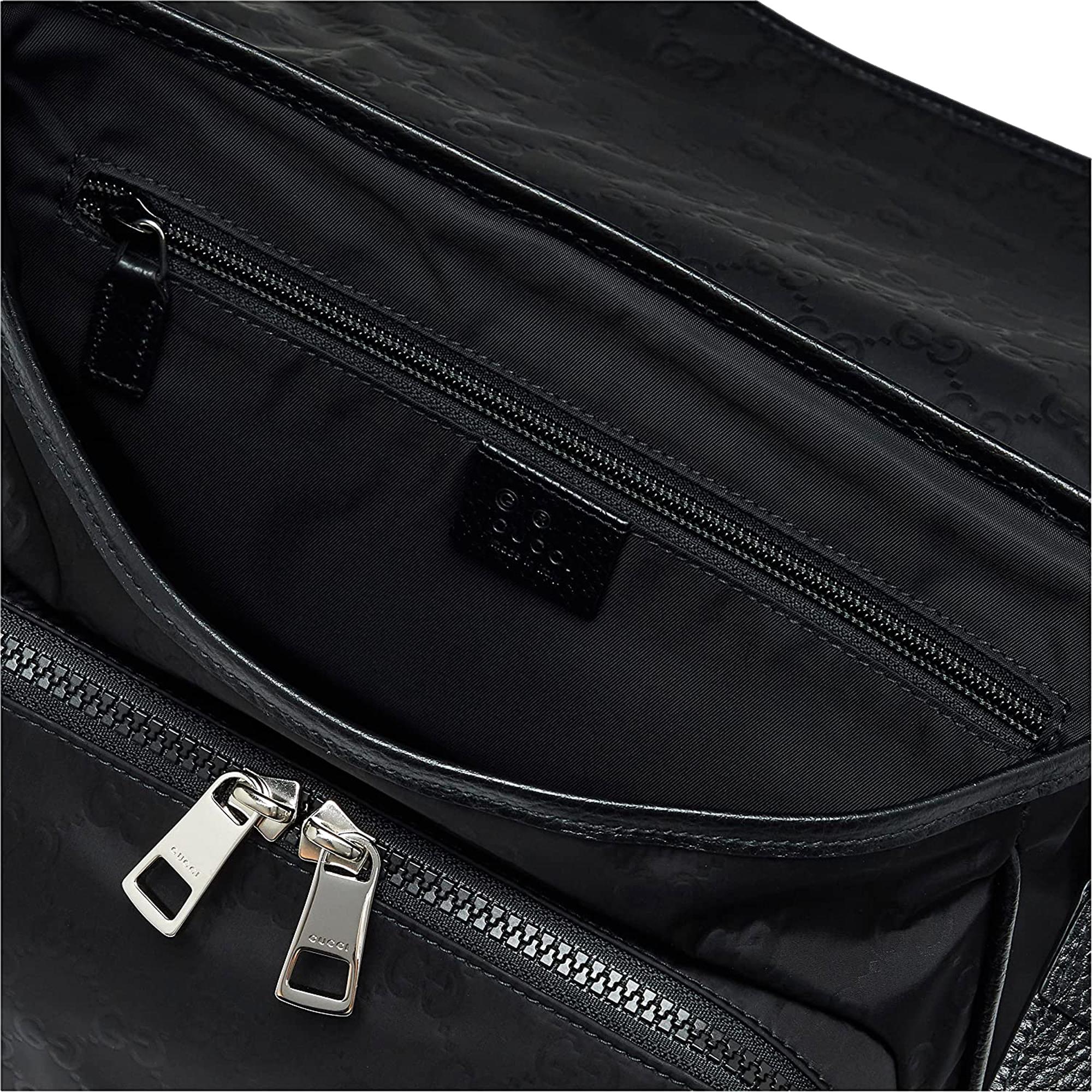 Gucci GG Monogram Nylon Leather Messenger Bag Black Double Buckle Flap
