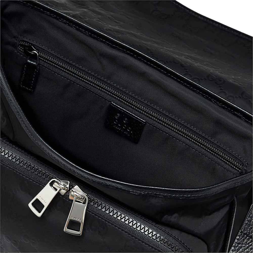 Gucci GG Monogram Nylon Leather Messenger Bag Black Double Buckle Flap