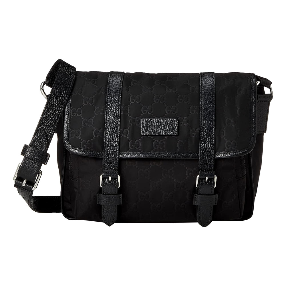 Gucci GG Monogram Nylon Leather Messenger Bag Black Double Buckle Flap