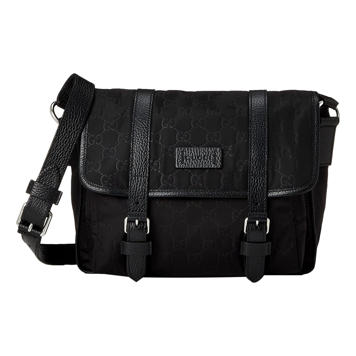 Gucci GG Monogram Nylon Leather Messenger Bag Black Double Buckle Flap