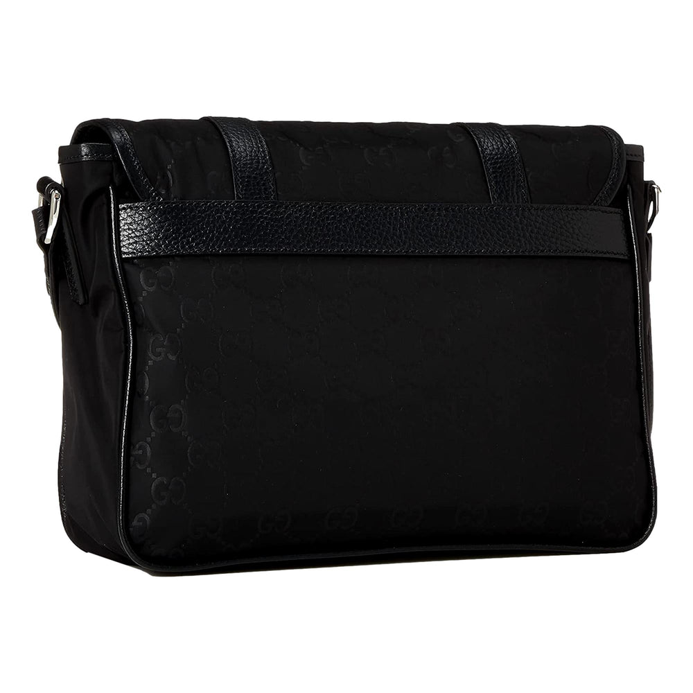 Gucci GG Monogram Nylon Leather Messenger Bag Black Double Buckle Flap
