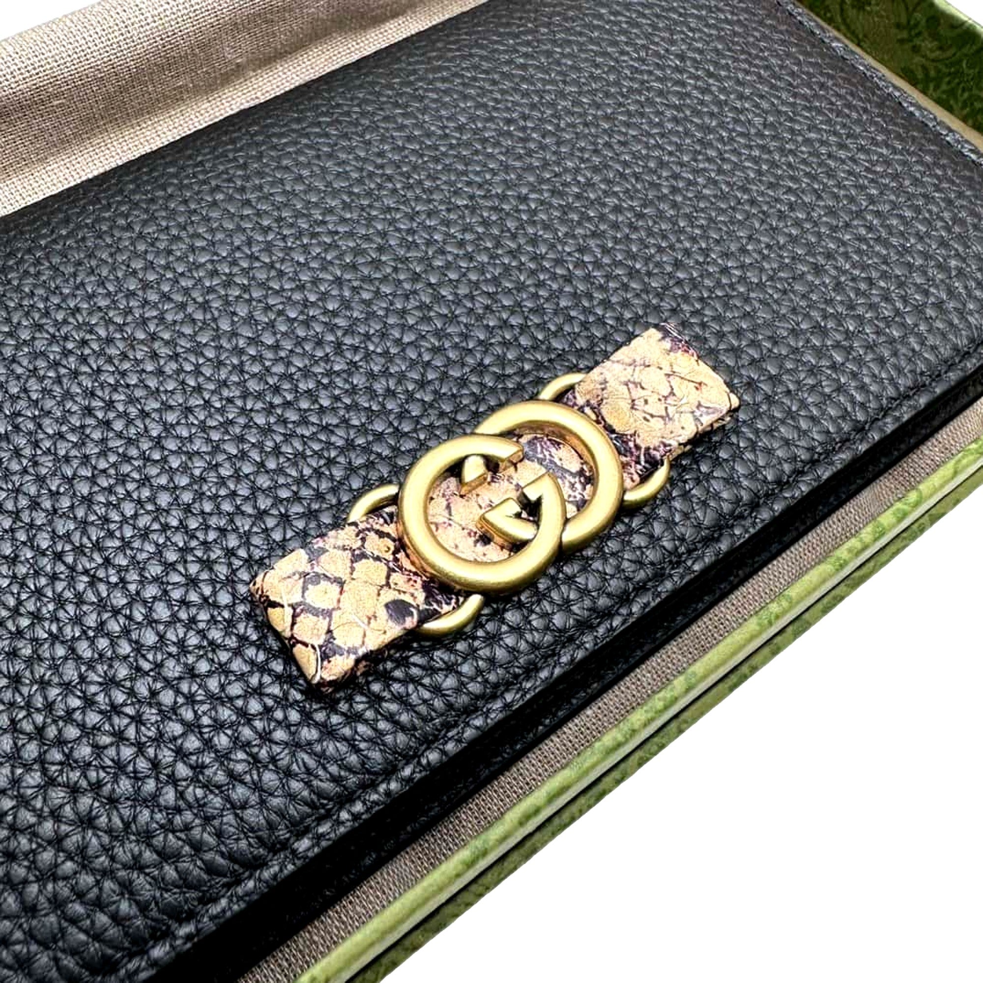 Gucci Interlocking GG Black Python Leather Bow Wallet on Chain Gold Hardware