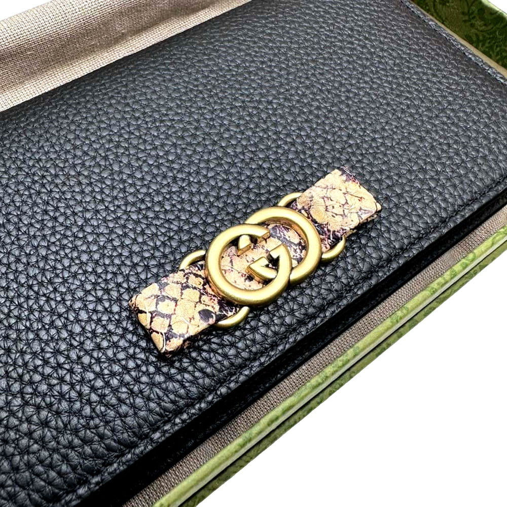 Gucci Interlocking GG Black Python Leather Bow Wallet on Chain Gold Hardware