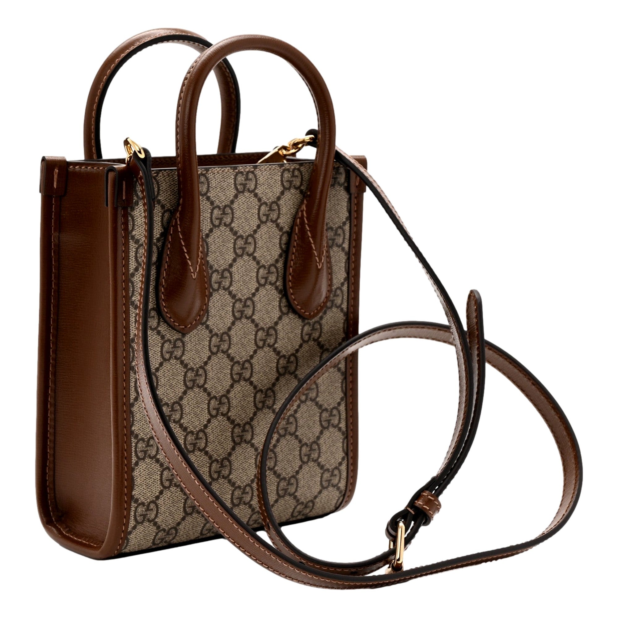Gucci Interlocking G Leather Emblem Supreme Canvas Brown Leather Mini Shopper Tote