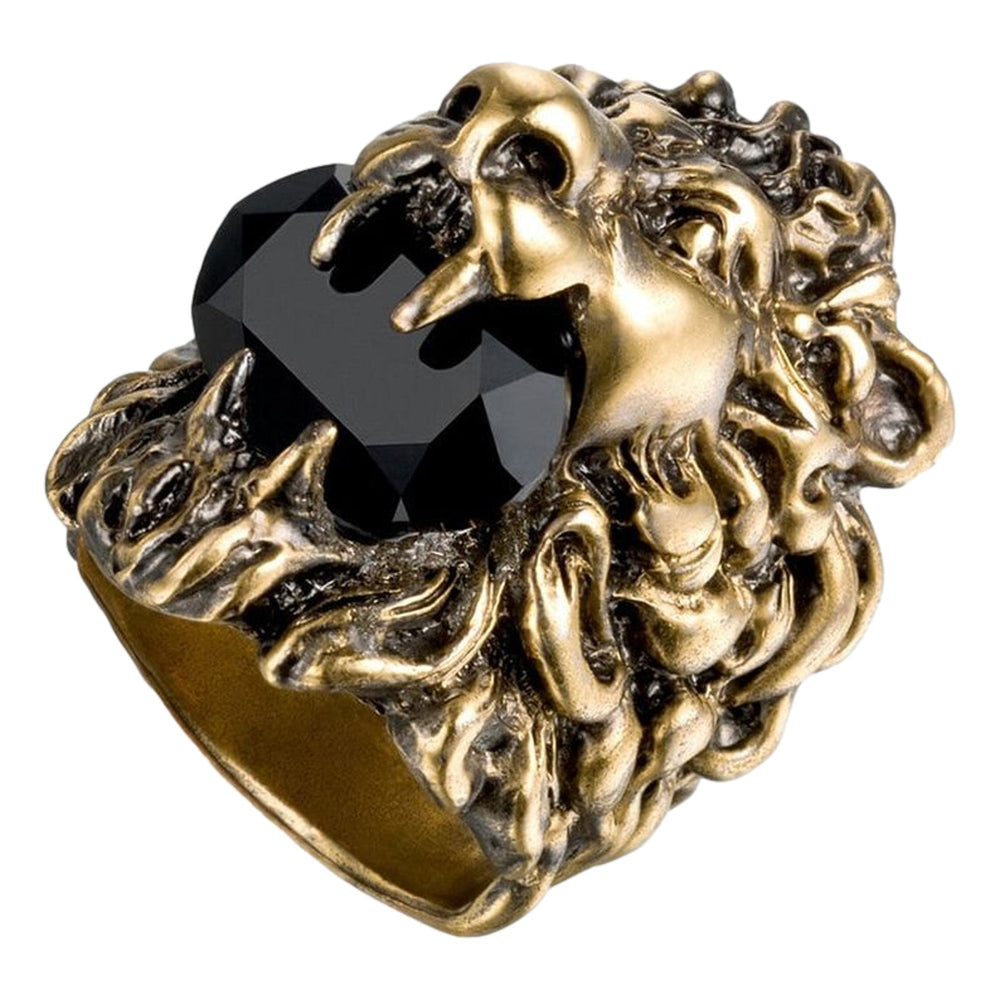 Gucci Lion Head King Ring With Crystal Aged Gold and Black 10