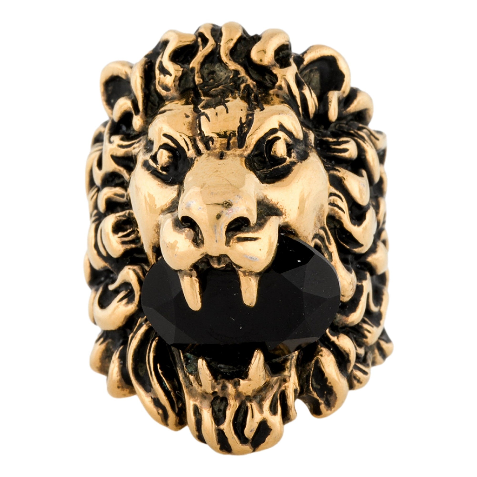 Gucci Lion Head King Ring With Crystal Aged Gold and Black 10