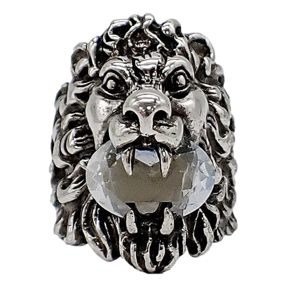 Gucci Lion Head Motif Silver Ring Crystal Size 16