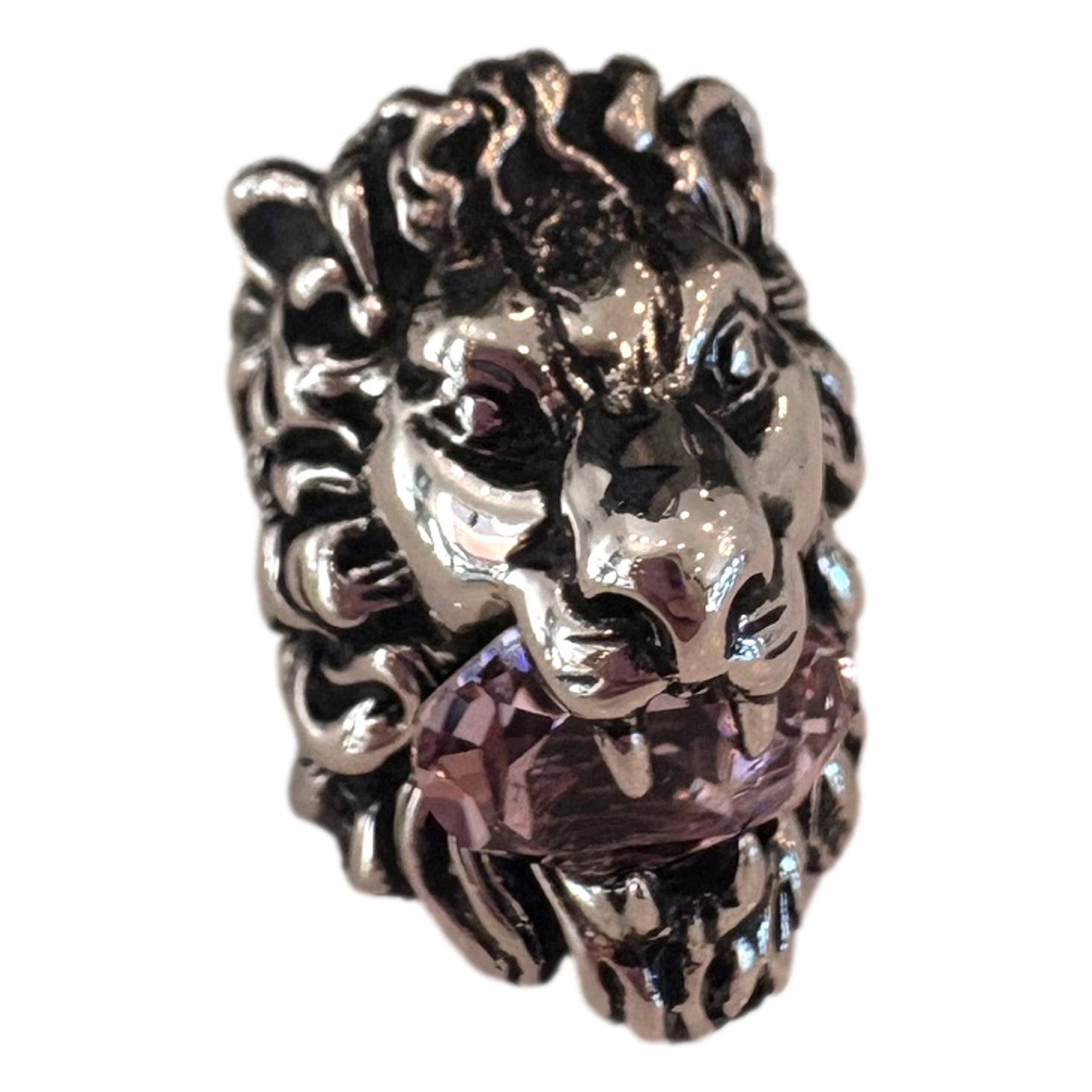 Gucci Lion Head Silver Ring with Light Pink Crystal Size 10