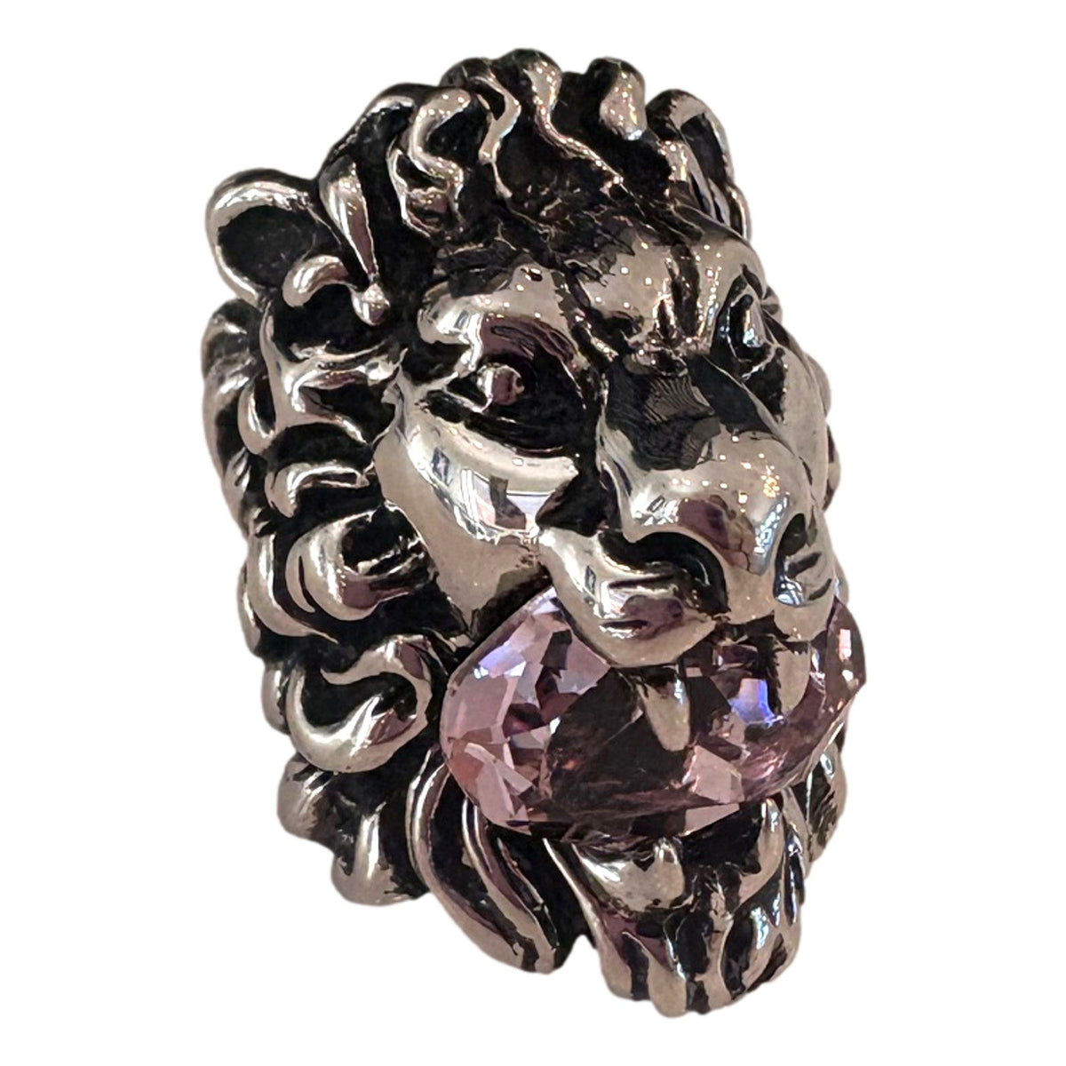 Gucci Lion Head Silver Ring with Light Pink Crystal Size 10