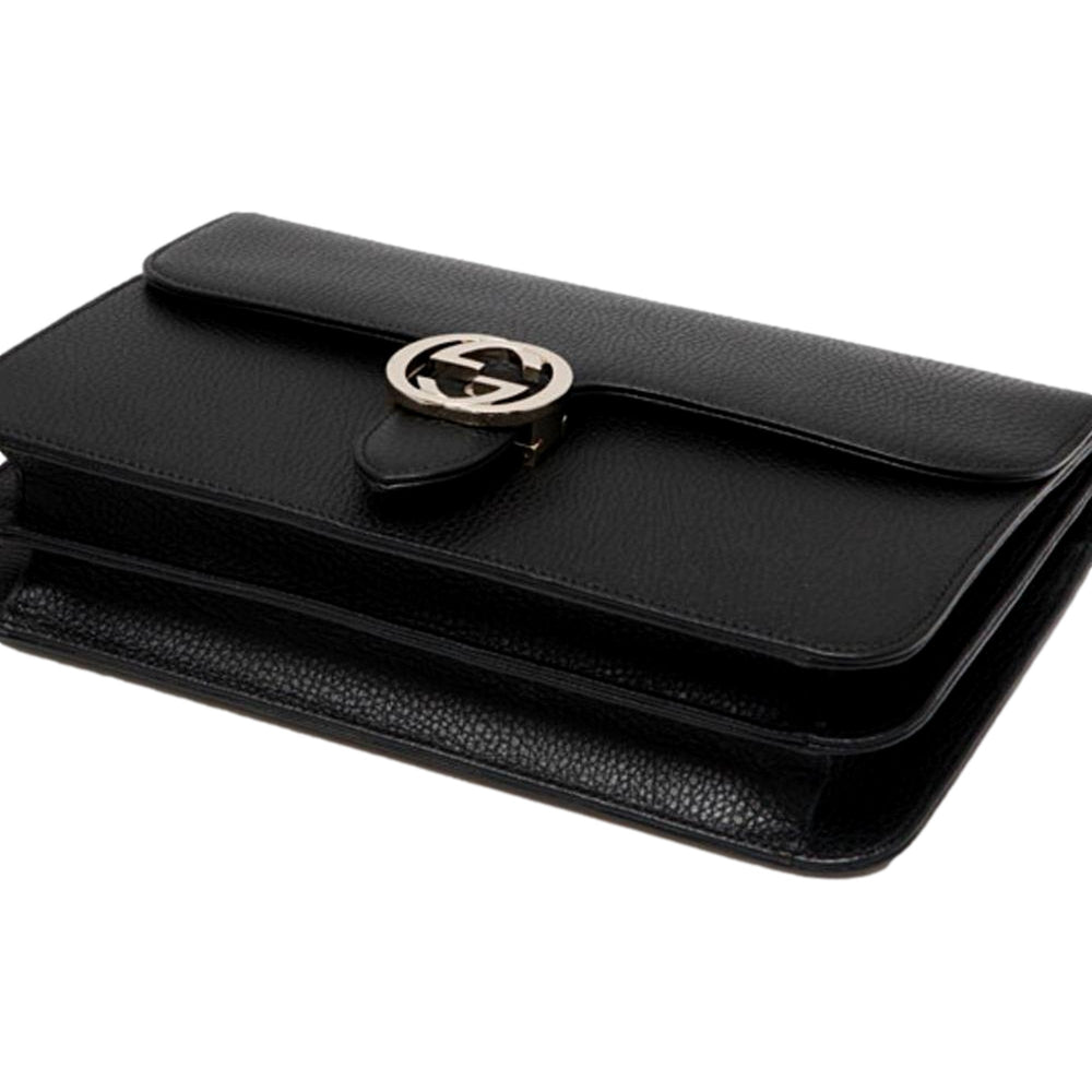 Gucci GG Marmont Crossbody Bag Black Pebbled Leather Gold Chain Interlocking GG