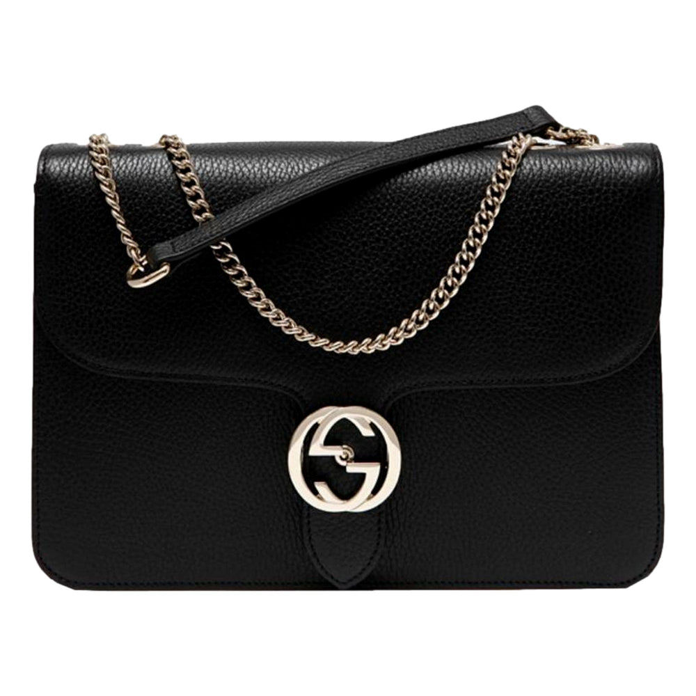 Gucci GG Marmont Crossbody Bag Black Pebbled Leather Gold Chain Interlocking GG