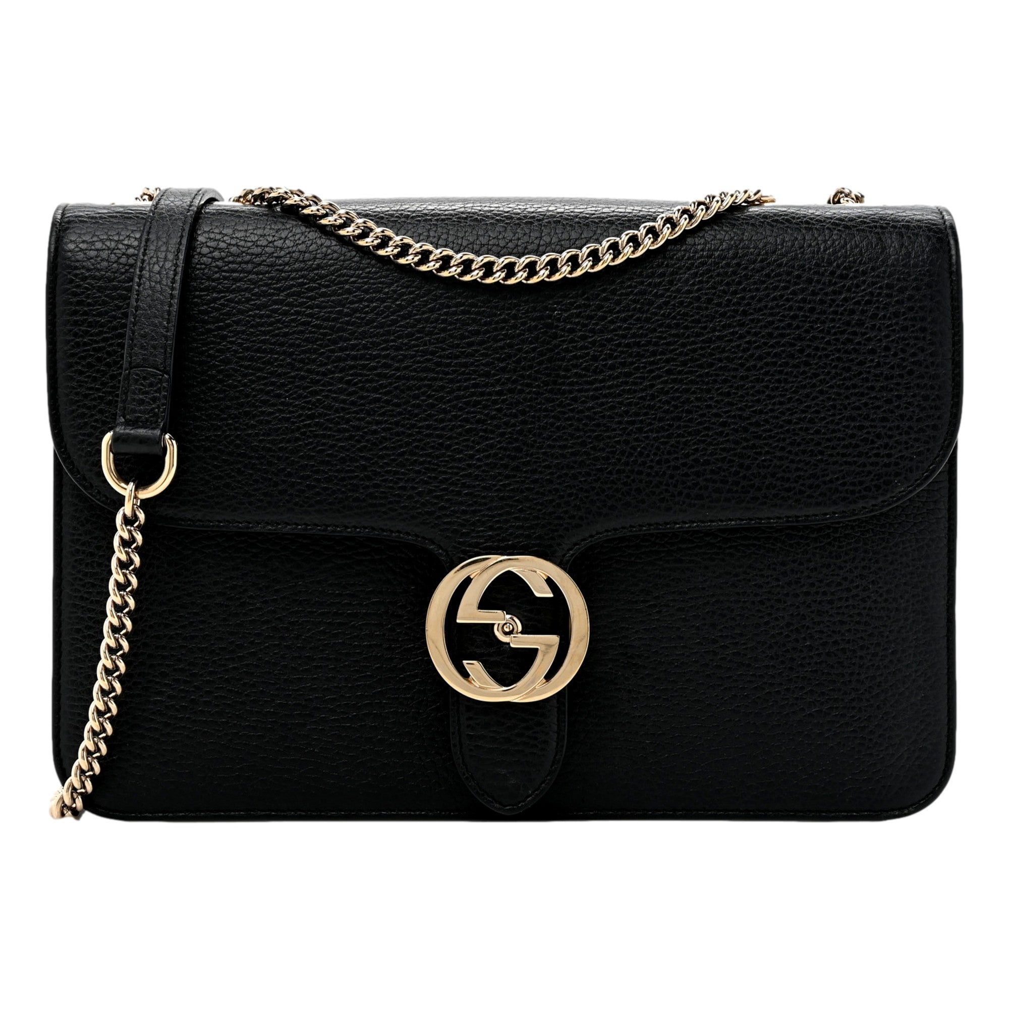 Gucci GG Marmont Crossbody Bag Black Pebbled Leather Gold Chain Interlocking GG