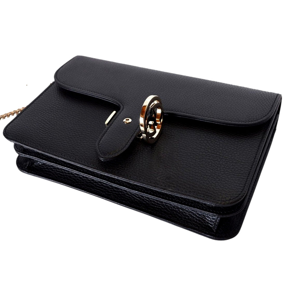 Gucci GG Marmont Crossbody Bag Black Pebbled Leather Gold Chain Interlocking GG