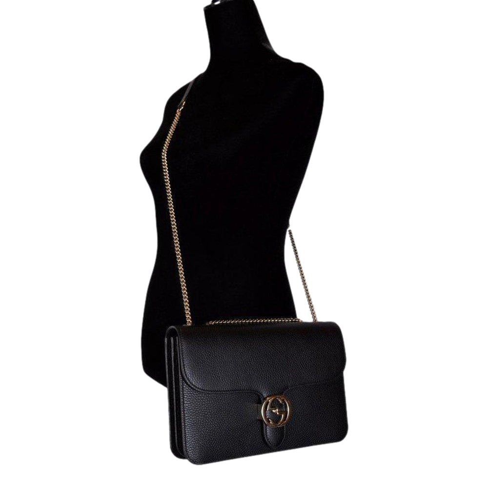 Gucci GG Marmont Crossbody Bag Black Pebbled Leather Gold Chain Interlocking GG