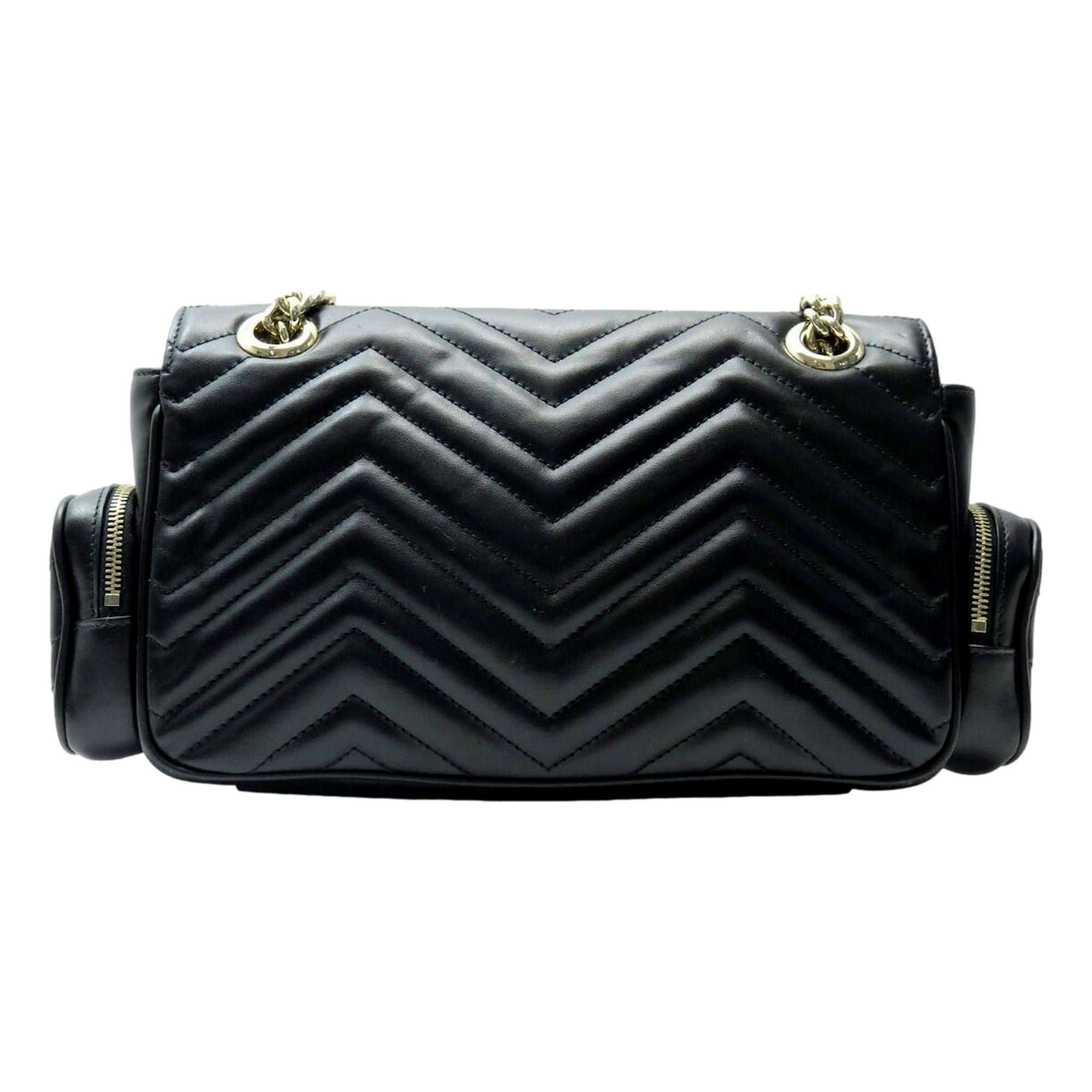 Gucci GG Marmont Dual Compartment Black Leather Shoulder Bag Gold Logo
