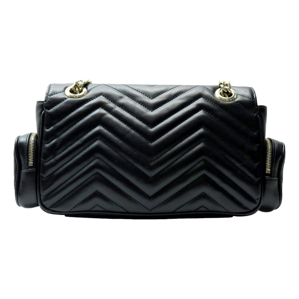Gucci GG Marmont Dual Compartment Black Leather Shoulder Bag Gold Logo