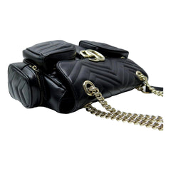 Gucci GG Marmont Dual Compartment Black Leather Shoulder Bag Gold Logo
