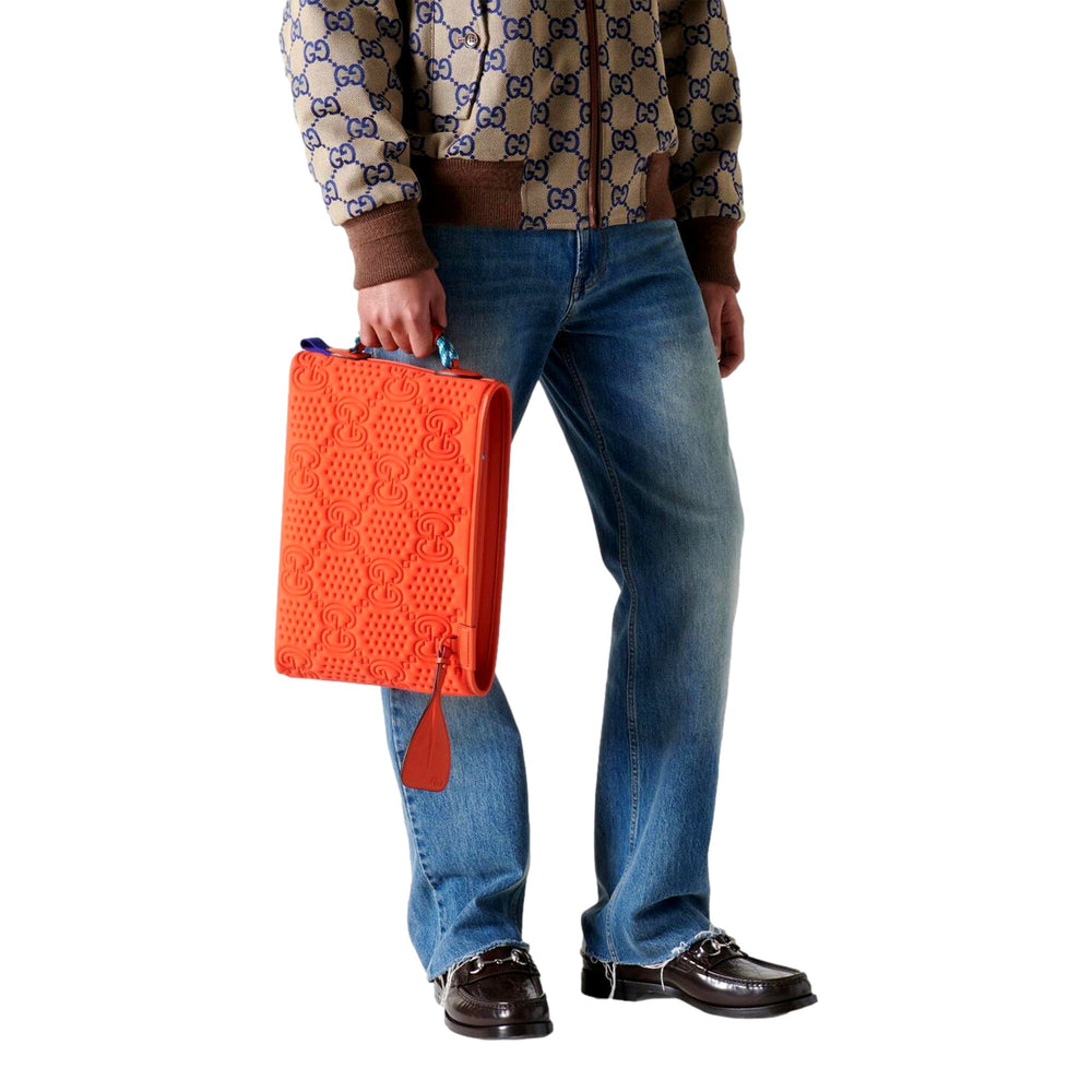 Gucci Off The Grid GG Embossed Orange Rubber Pouch Clutch Bag