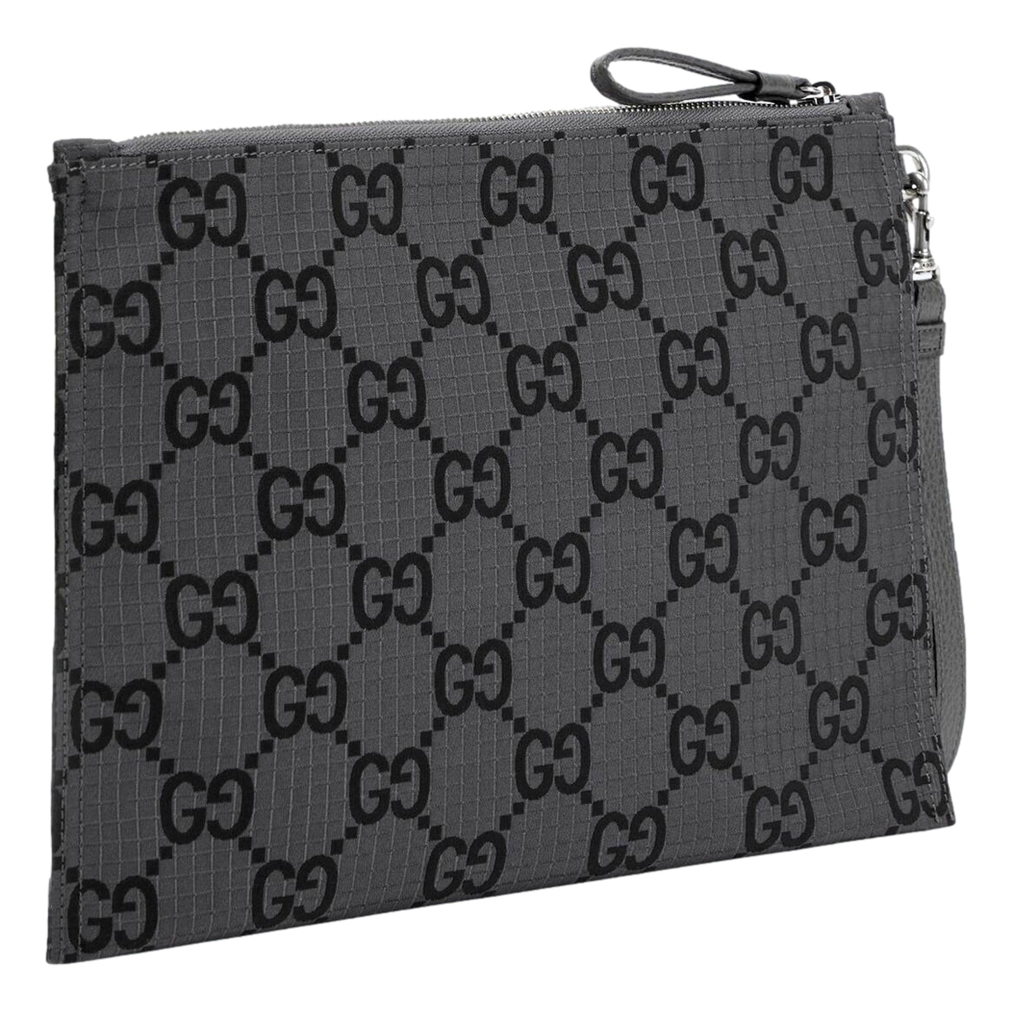 Gucci Ripstop Canvas Jumbo GG Large Clutch Wristlet Gray Black