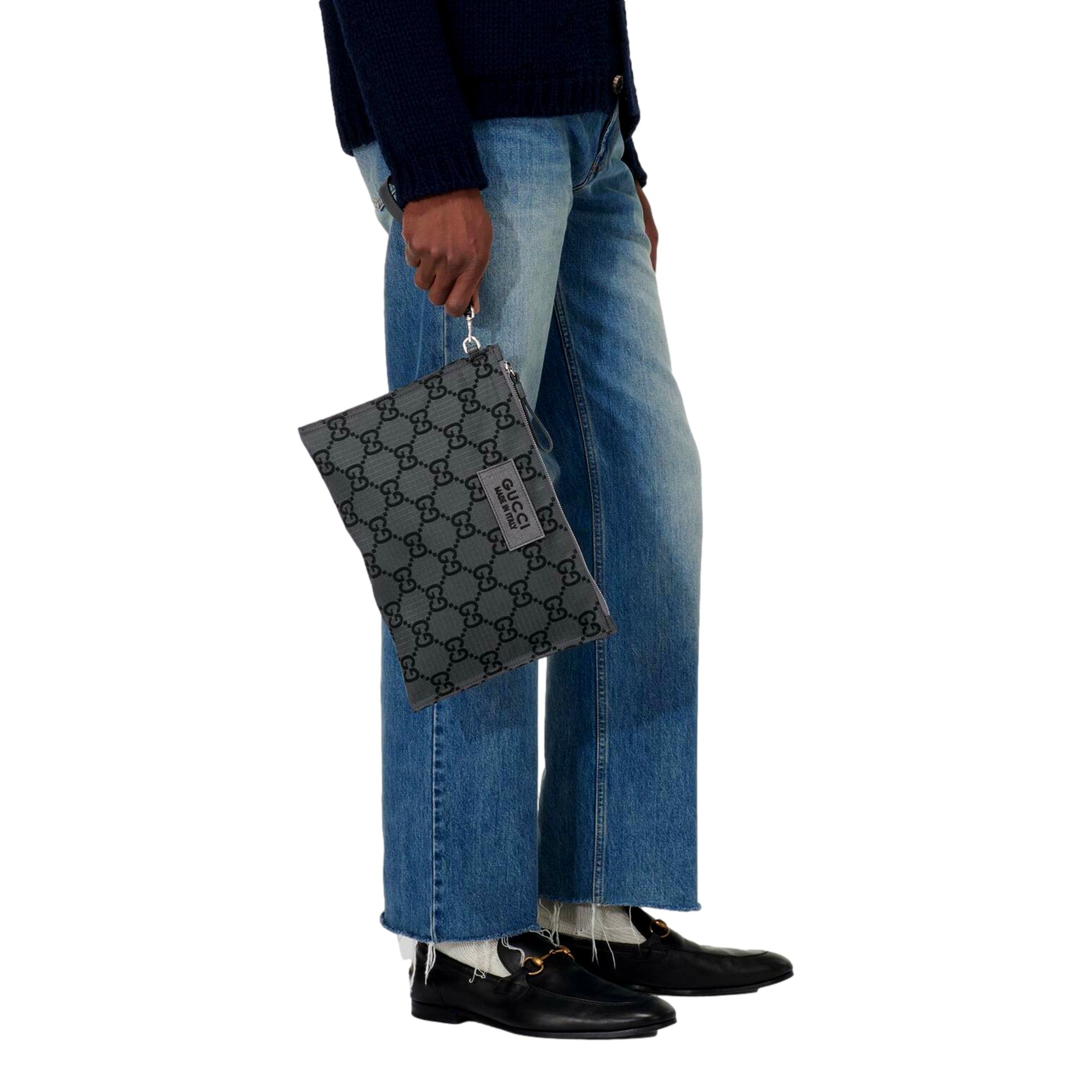 Gucci Ripstop Canvas Jumbo GG Large Clutch Wristlet Gray Black