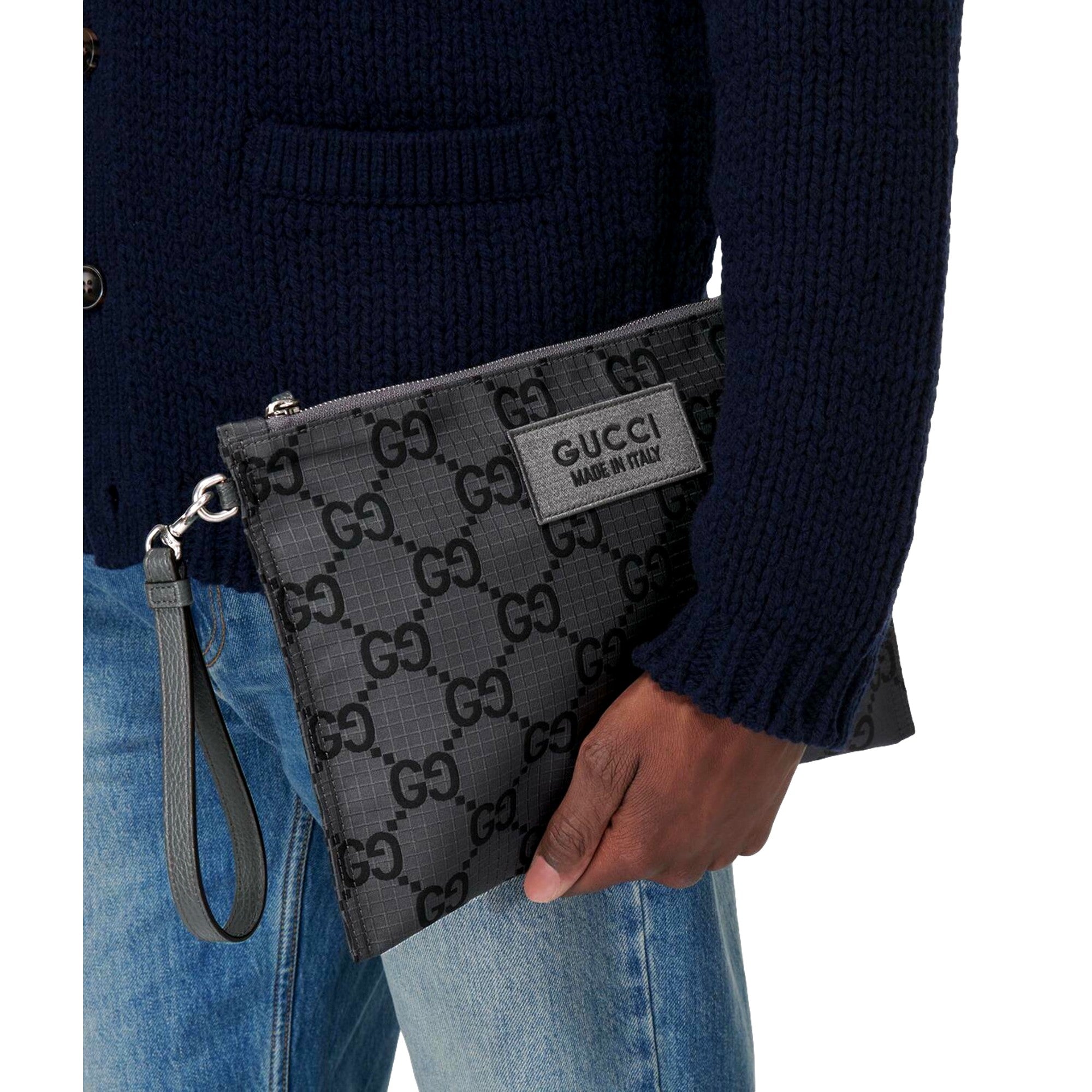 Gucci Ripstop Canvas Jumbo GG Large Clutch Wristlet Gray Black