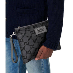 Gucci Ripstop Canvas Jumbo GG Large Clutch Wristlet Gray Black