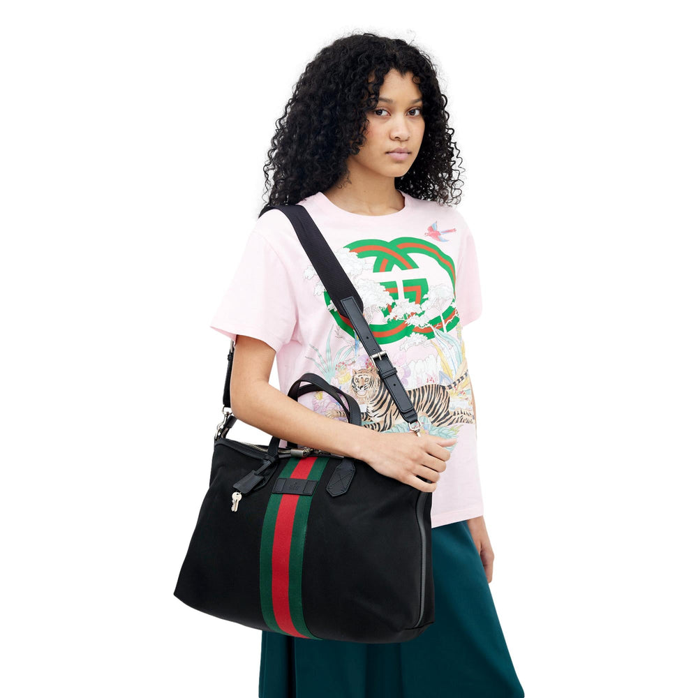 Gucci Techno Web Stripe Black Canvas Large Duffle Bag Crossbody Travel Bag
