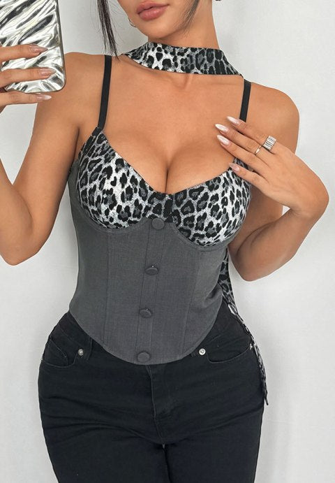 Edgy Leopard Print Corset Bustier with Neck Tie